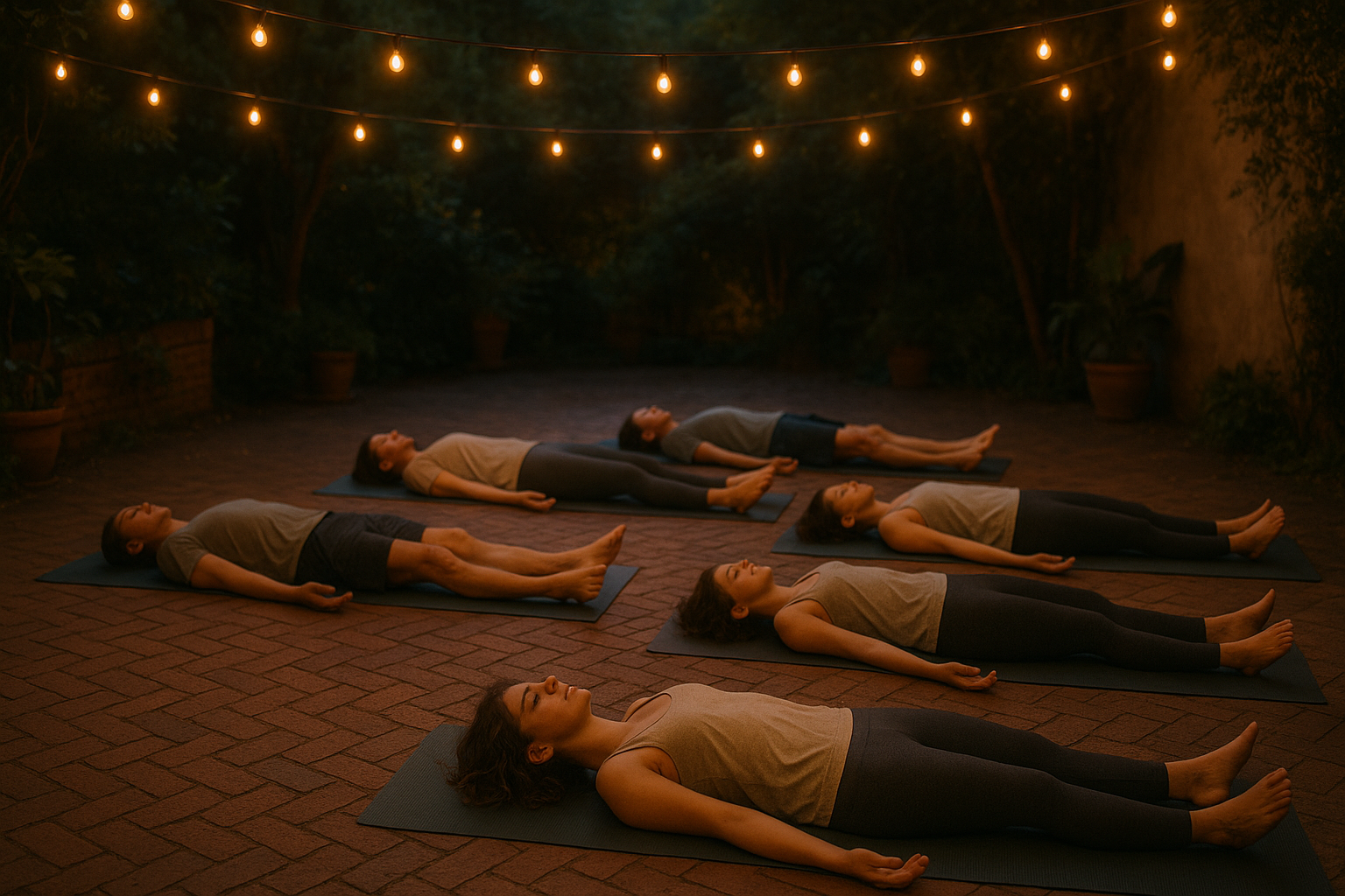 a yoga class shavasana on a red brick courtyard, illuminated by strung lights