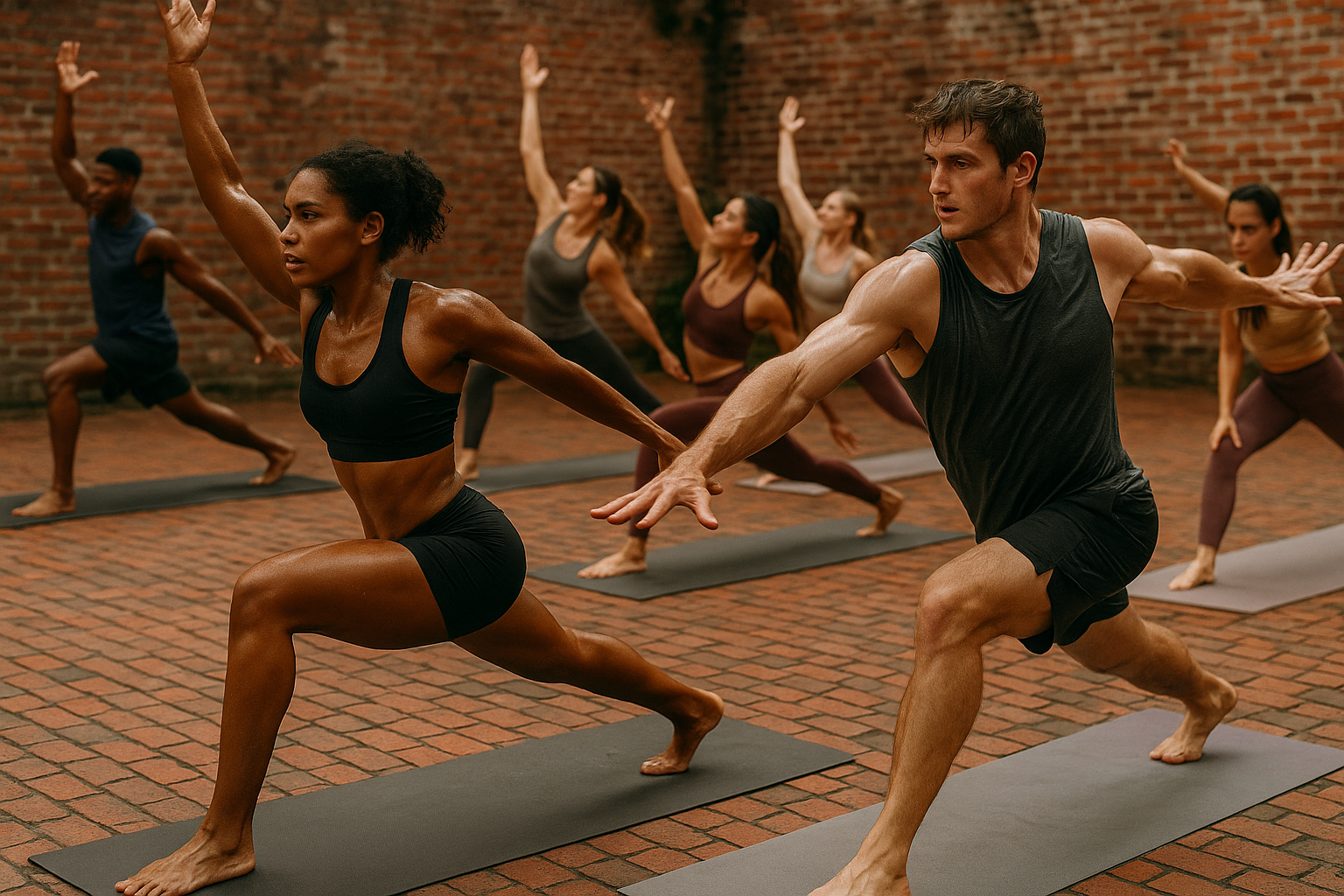 sweaty cardio yoga class on an outdoor red brick courtyard