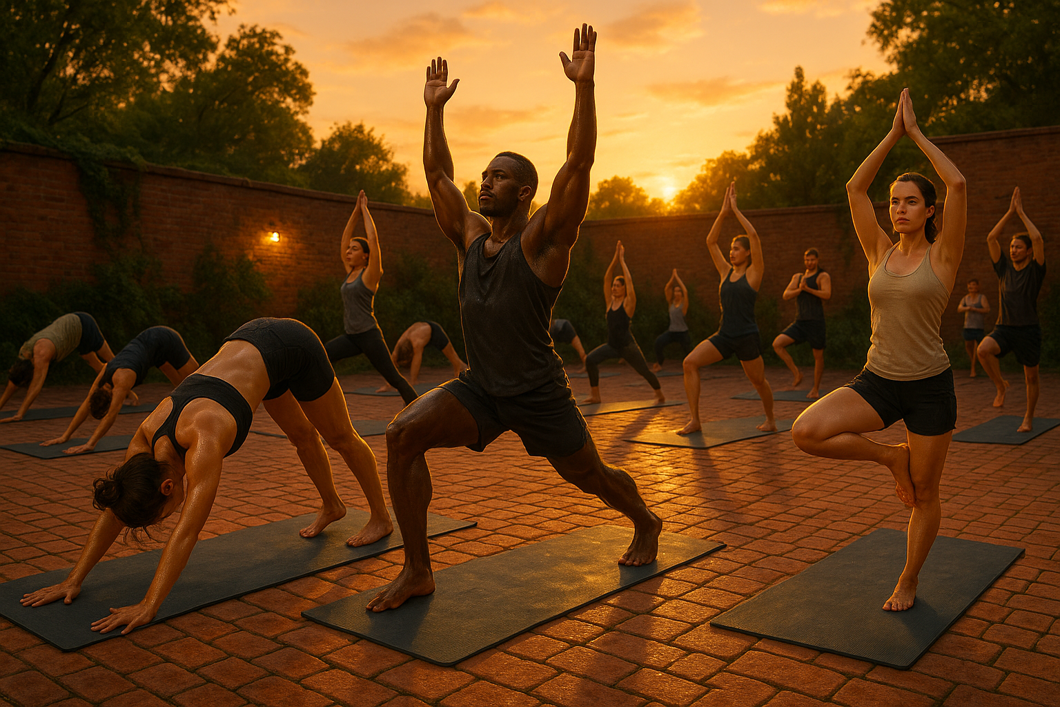 sweaty yoga class outside at dusk on a red brick courtyard